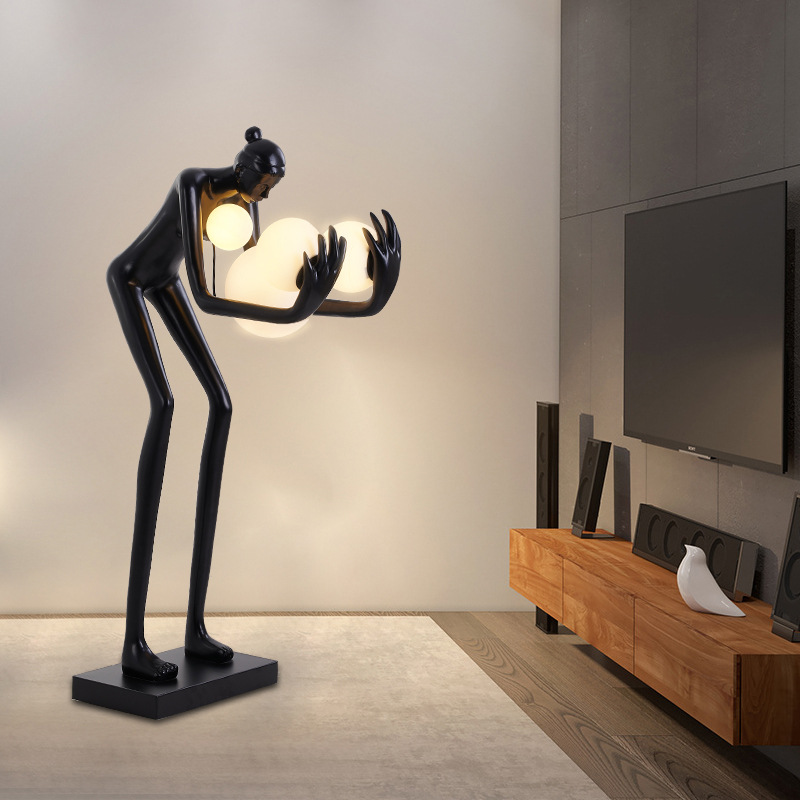 Modern Portrait Art Statue Holding Ball Floor Lamp Home Exhibition Hall Window Artwork Large Figure Decoration Lamps details Picture
