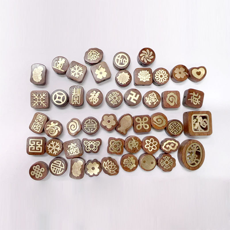 Ebony keychain, rosewood inlaid with brass wire, auspicious cloud lotus, "Fu" character, ebony filigold diy keychain accessory Specification image