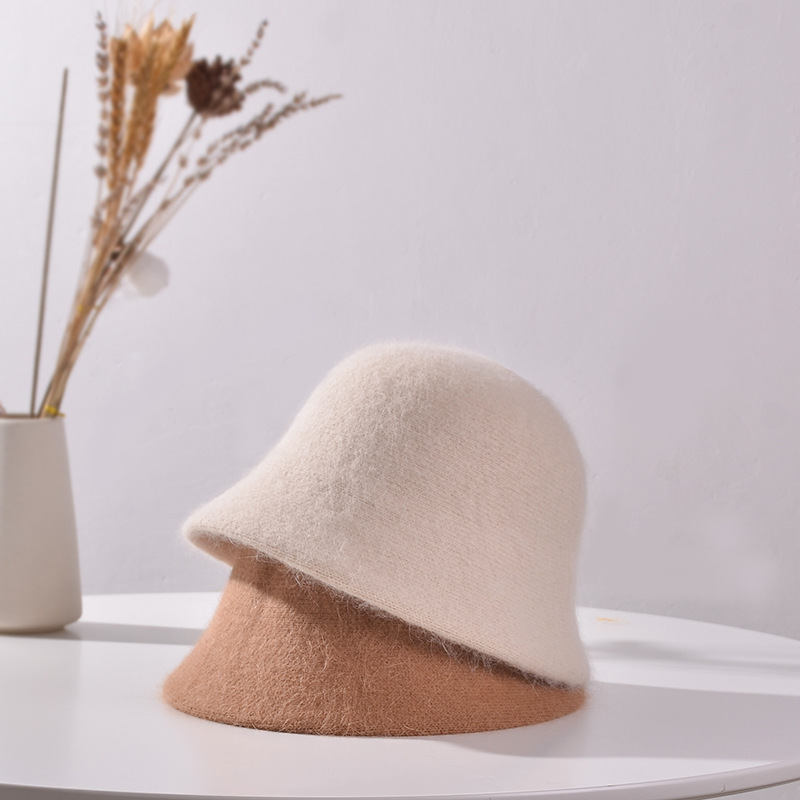 安哥拉长兔毛针织帽 女士秋冬季加厚保暖小盆帽 水桶帽 渔夫帽