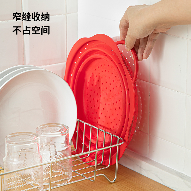 霜山硅胶沥水篮厨房洗水果洗菜篮花形可折叠悬挂果篮漏盆洗菜盆白底实物图