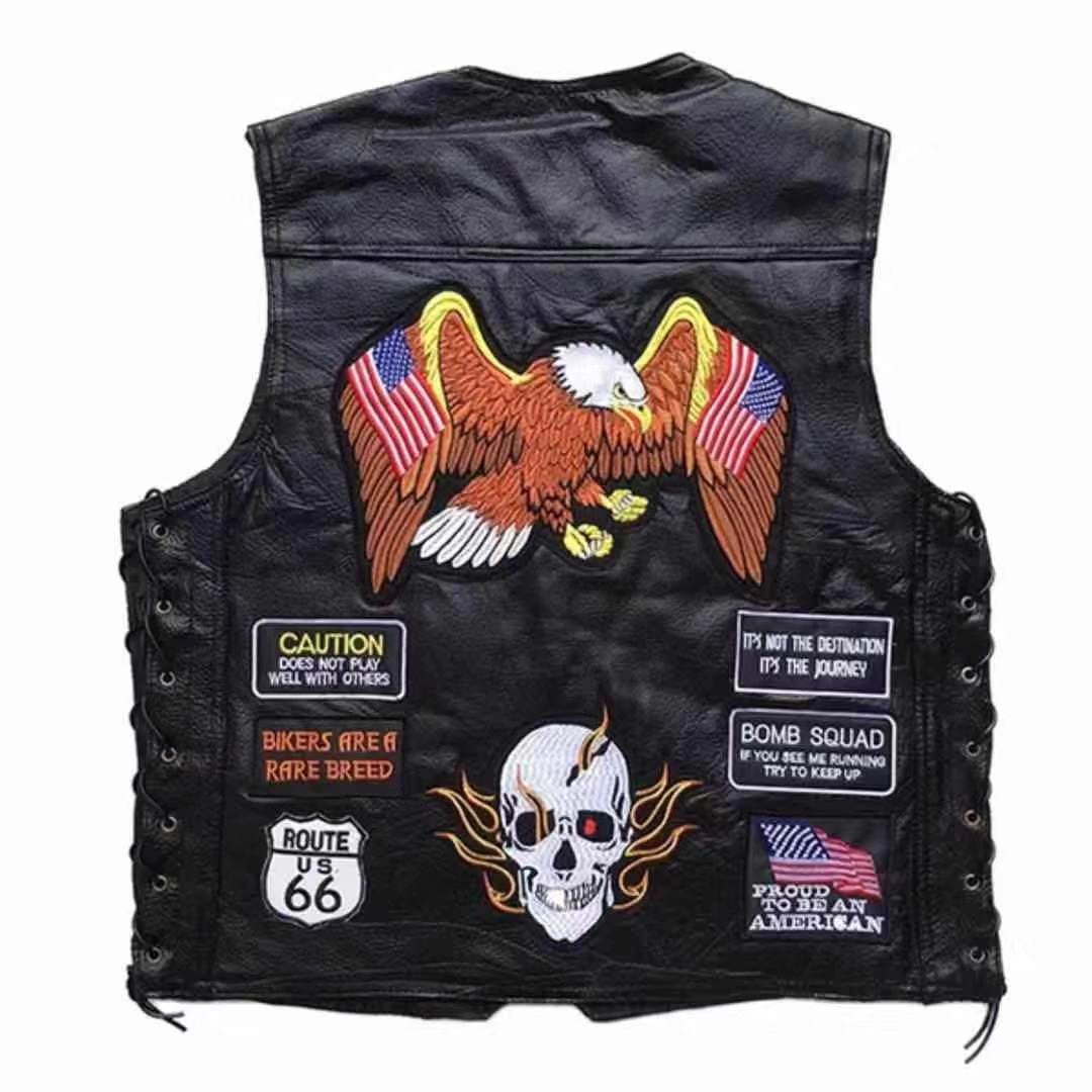 American super cool motorcycle riding vest, leather vest, men's leather waistcoat, embroidered badge, net version, multiple types of waistcoats Specification image