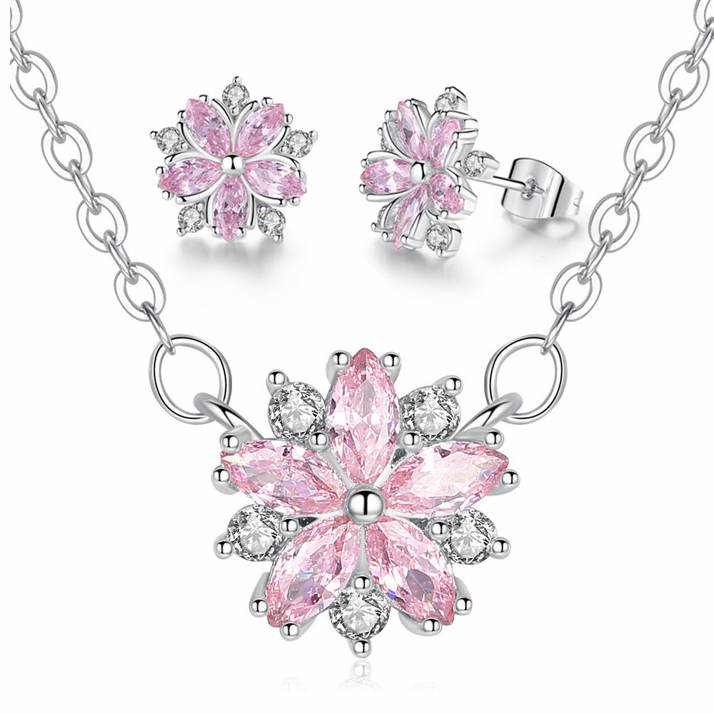 日系韩版小清新饰品套装 时尚创意粉色樱花项链耳钉水晶锆石首饰