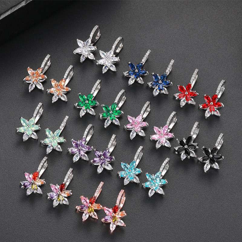 Kashi Accessories' cross-border supply is selling well. There are 12 colors to choose from for women's double-layered flower ear buckles set with zircon earrings