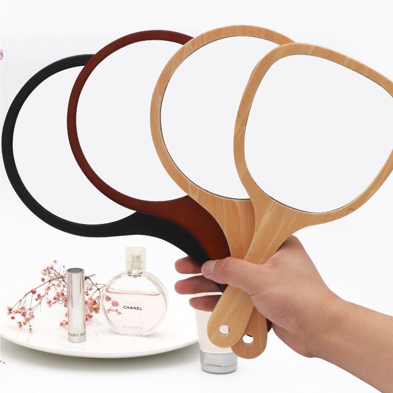 美容院手持化妆镜美甲美睫女 便携手柄镜复古木制宿舍小镜子批发详情图1