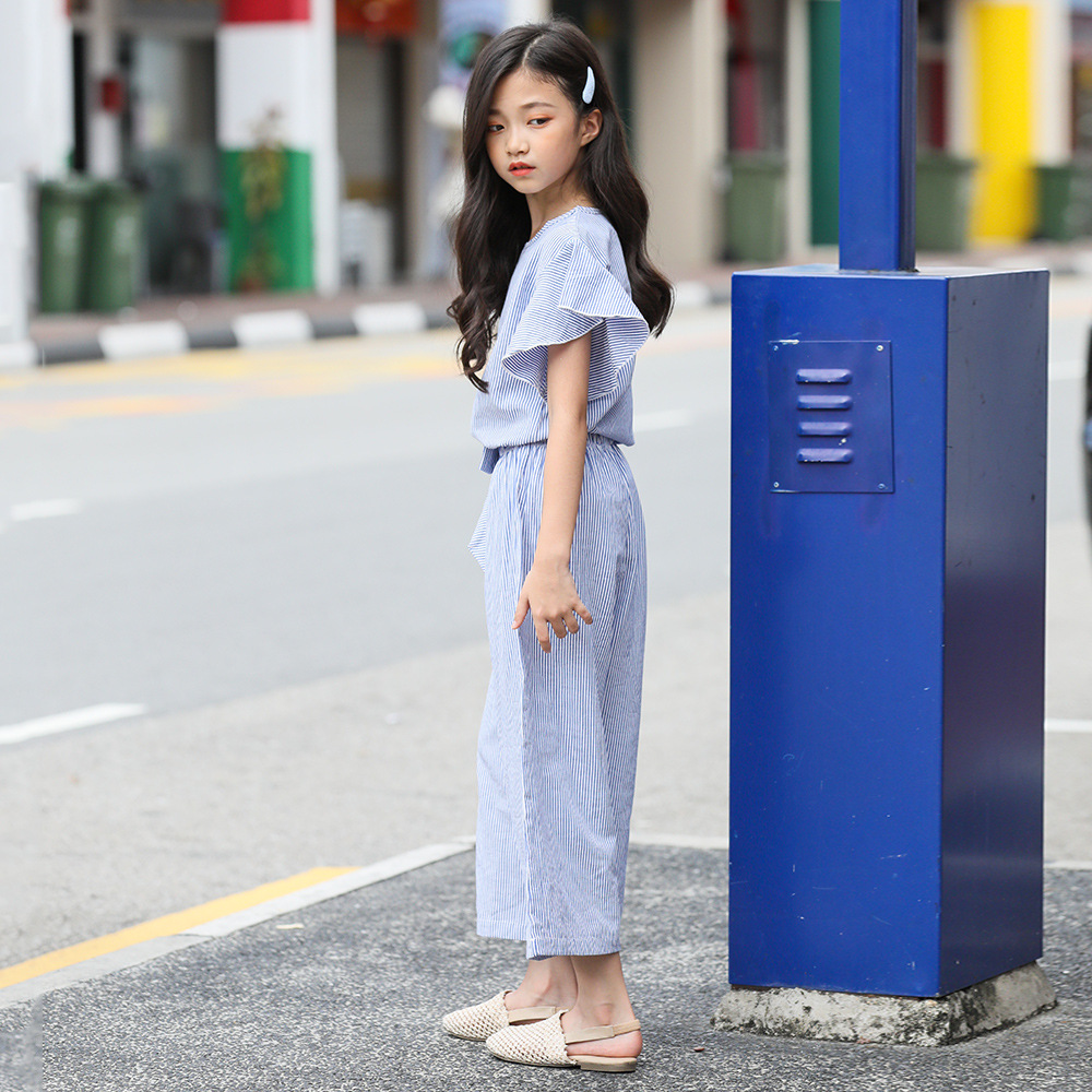 Cross-border in-stock best-selling children's clothing: Girls' striped set, summer cotton casual wide-leg pants, pink two-piece set Application Scenario