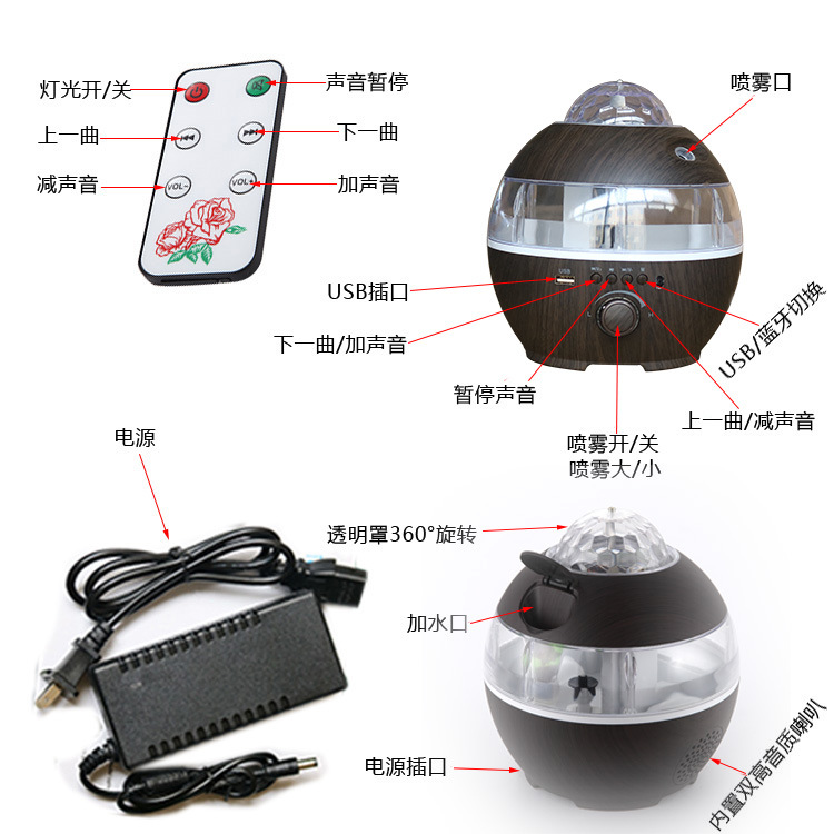 Bluetooth Audio Wood Grain Mini Home Crystal Led Stage Lights Music Lights Christmas Projection Ktv Disco Bar Lights Specification drawing