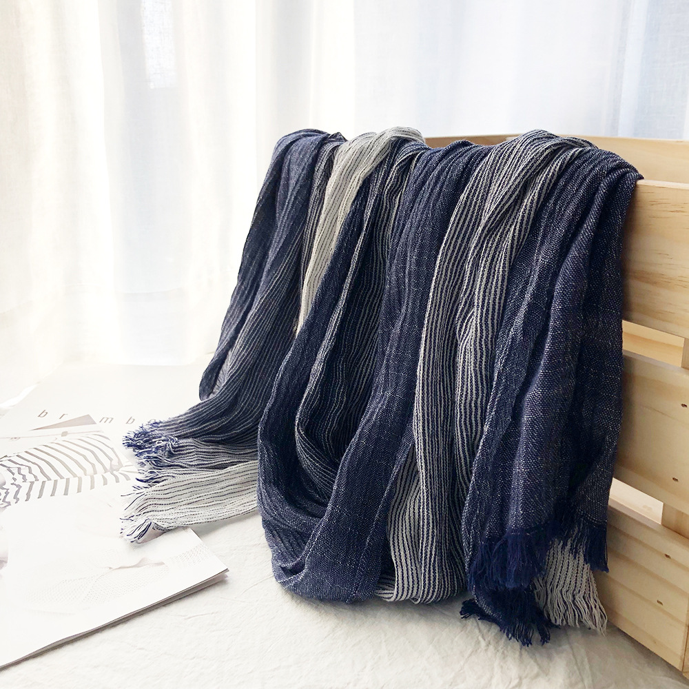 New Japanese And Korean Literary Style Striped Cotton And Hemp Scarf For Women Shawl Lovers Foreign Trade Scarf For Men Sen Women Tie Silk Scarf