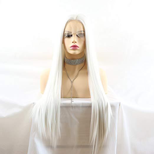 欧美爆款纯白色长直发高温丝化纤前蕾丝假发头套lace front wig