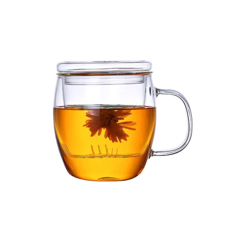 Factory wholesale household glass cups, heat-resistant flower tea cups, three-piece sets, office tea brewing belts, handles, filter cups, LOGO Item Picture