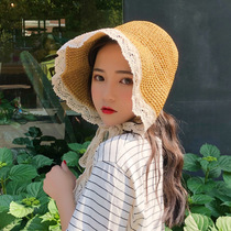 Sun hat Girls wear foldable beach hat travel sun protection lace-up lace lace adjustable summer straw hat