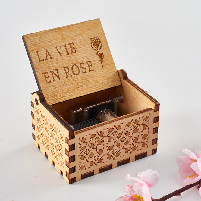 Classical music box original wood hand-cranked music box Simpsons ran to the moon Rose life spot wholesale Item Picture