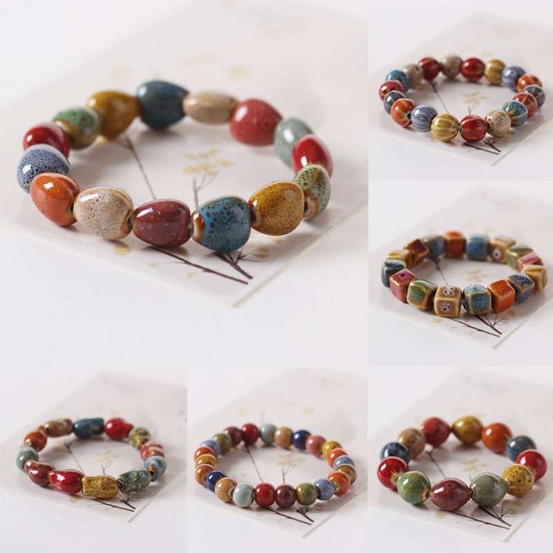 Wholesale Jingdezhen ceramic jewelry, new fashionable flower glaze bead bracelets, multi-color casual ethnic style student bracelets