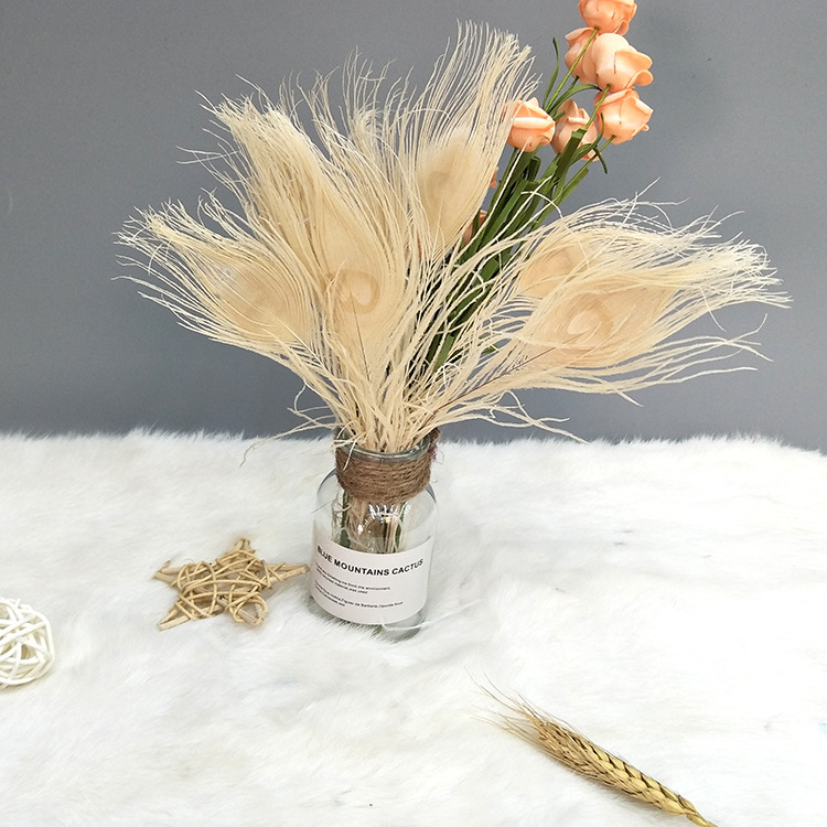 Blanco pavo real pelaje decoloración 25-30 cm jarrón arreglos florales decoración DIY accesorios plumas de pavo real details Picture