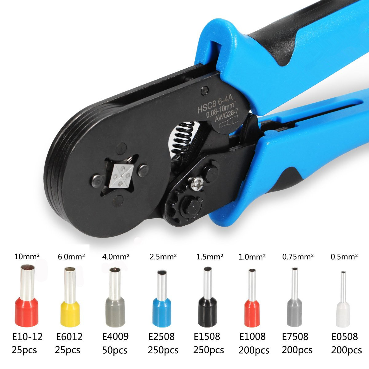 6-4A Crimping Pliers Upgraded Version Crimping Pliers European Tube Type Pliers Set 1200Pcs Terminal Crimping Pliers 0.08-10Mm Specification drawing