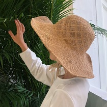 Large straw hat Ladies lace strap vintage foldable straw beach hat sunblock for summer trips