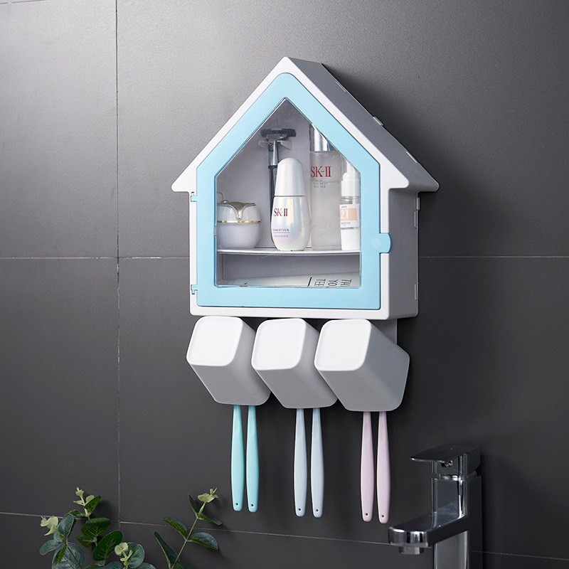 Creative small house, non-perforated toothbrush rack, bathroom toothpaste, toiletries, mouthwash cup set, wall-mounted