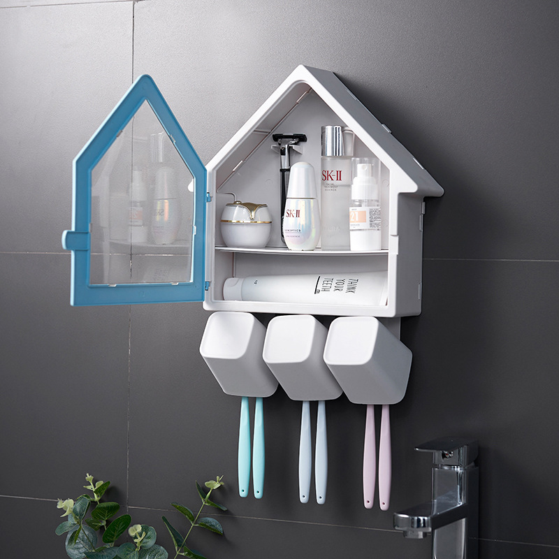 Creative small house, non-perforated toothbrush rack, bathroom toothpaste, toiletries, mouthwash cup set, wall-mounted details Picture