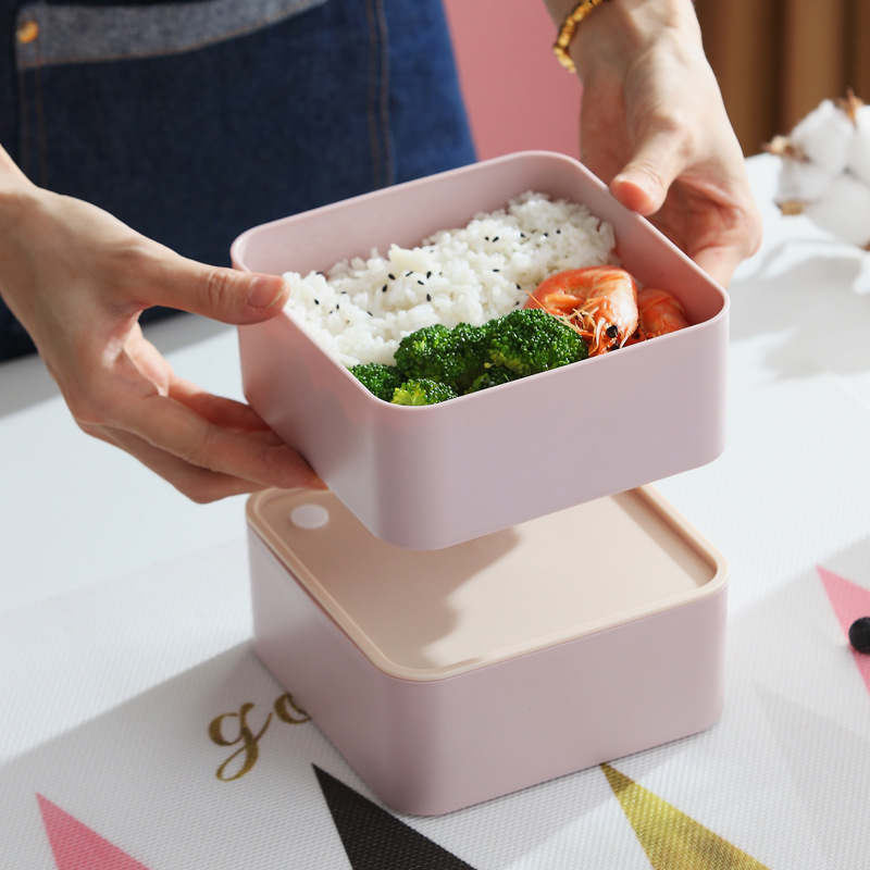 ins popular Japanese-style bento box, square double-layer strap, Nordic-style wood grain lunch box, lunch box for office students Specification image