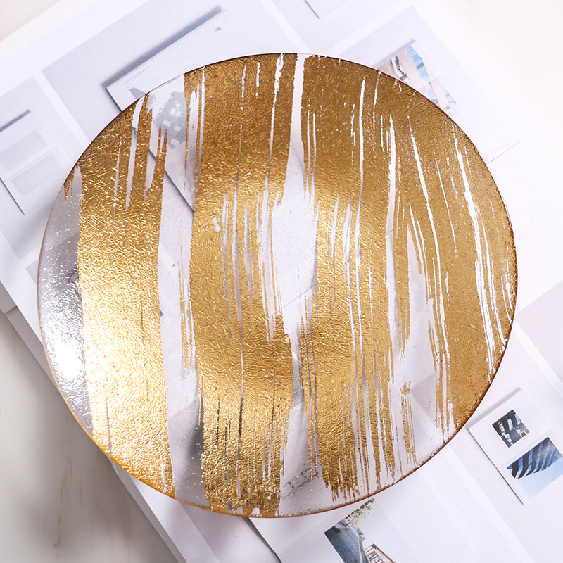Golden Glass Plate Nordic Creative Phnom Penh Fruit Plate Pastry Plate Steak Western Plate Mat Plate Manufacturers Direct Supply details Picture
