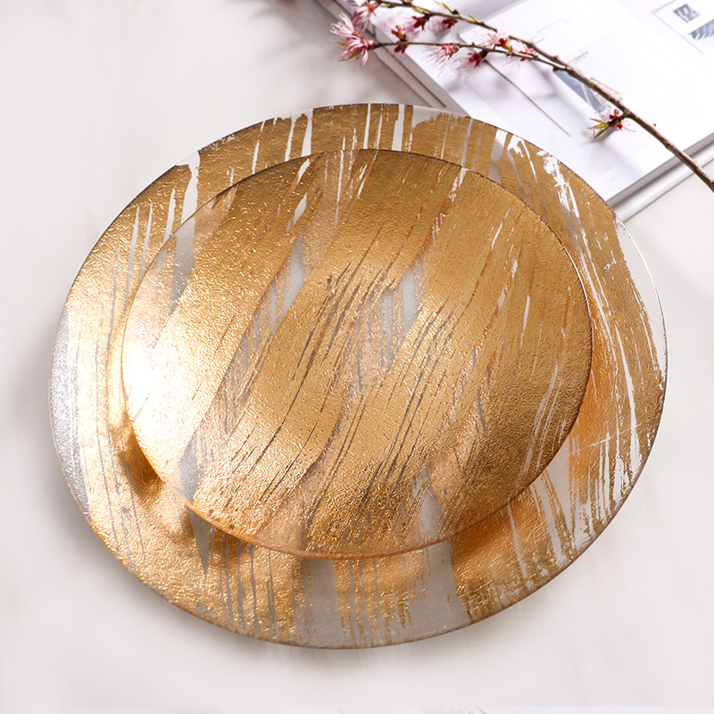 Golden Glass Plate Nordic Creative Phnom Penh Fruit Plate Pastry Plate Steak Western Plate Mat Plate Manufacturers Direct Supply Specification drawing