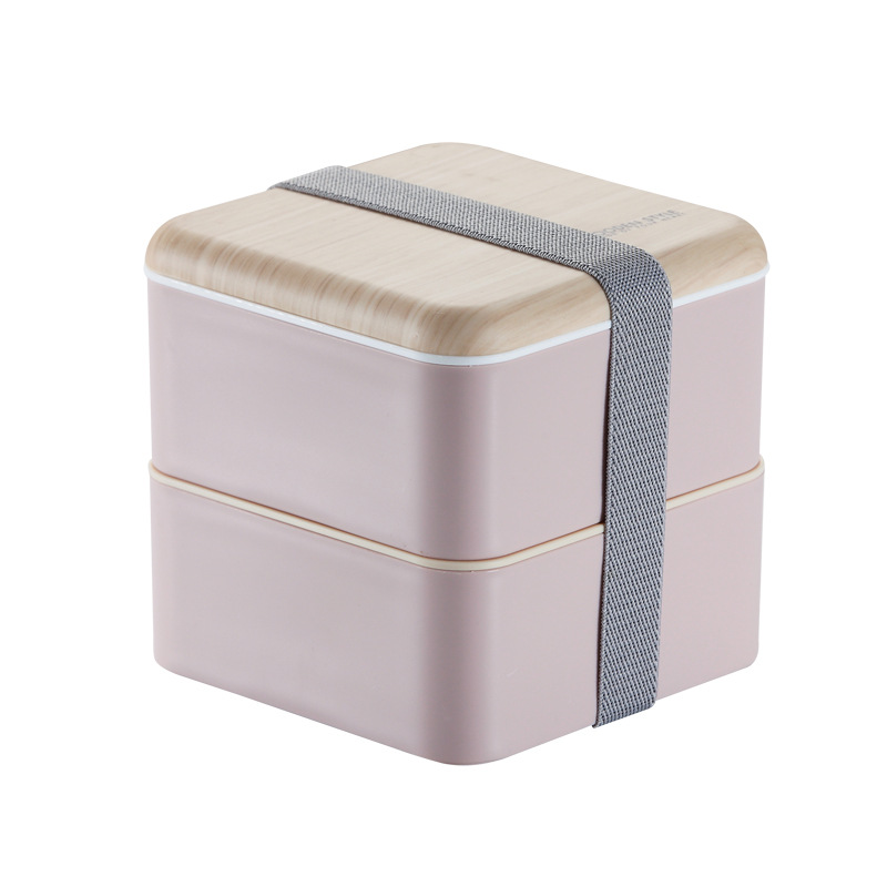 ins popular Japanese-style bento box, square double-layer strap, Nordic-style wood grain lunch box, lunch box for office students Item Picture