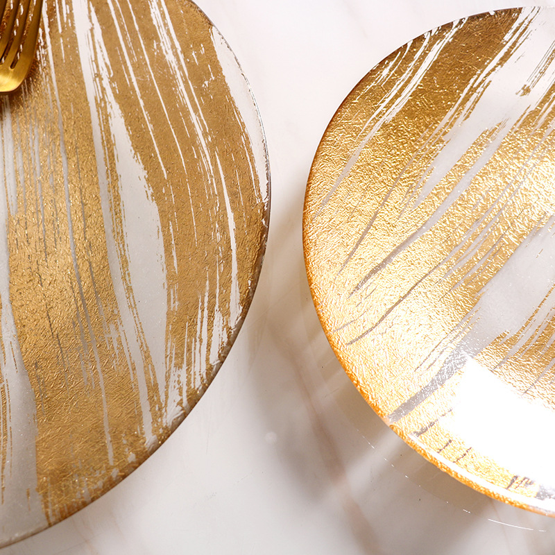 Golden Glass Plate Nordic Creative Phnom Penh Fruit Plate Pastry Plate Steak Western Plate Mat Plate Manufacturers Direct Supply Application Scenario