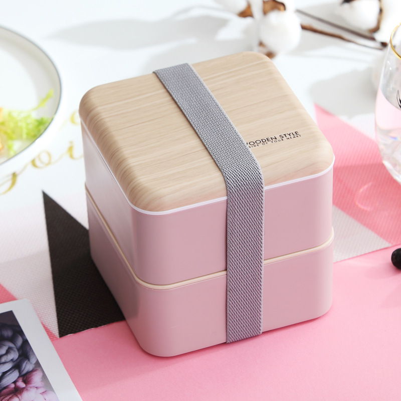 ins popular Japanese-style bento box, square double-layer strap, Nordic-style wood grain lunch box, lunch box for office students Application Scenario