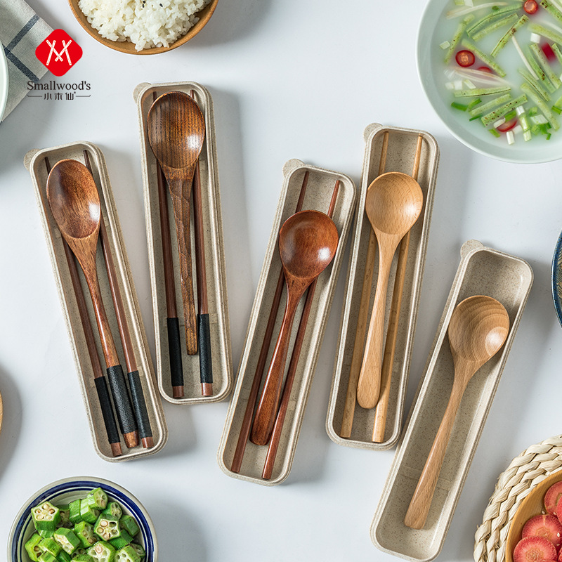 @Small Wood Xian Day Portable Box Wooden Spoon Chopsticks Natural Environmental Carving Tableware Chopsticks Spoon Set Ins details Picture