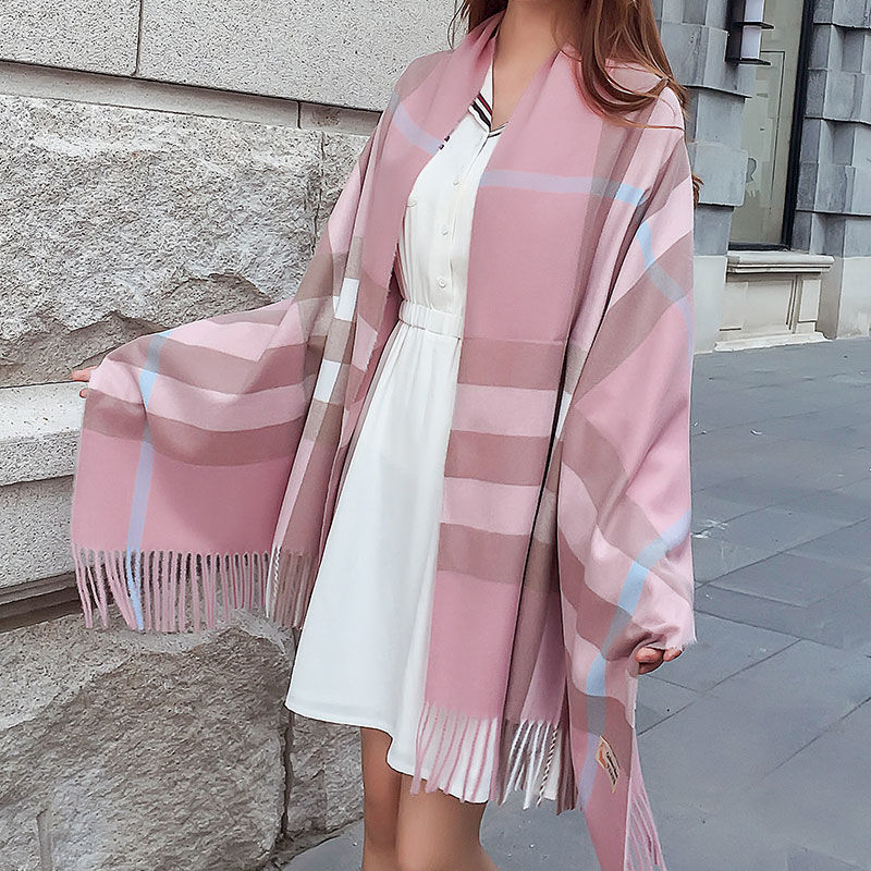 Korean autumn and winter checkered scarf, long and versatile for women, thick and warm faux cashmere tassel scarf shawl Specification image