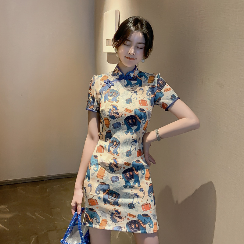 2025 Summer New Style improved traditional Chinese style short artistic cartoon retro playful girl cheongsam dress 1991