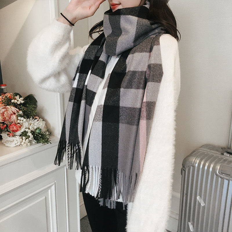 Korean autumn and winter checkered scarf, long and versatile for women, thick and warm faux cashmere tassel scarf shawl details Picture