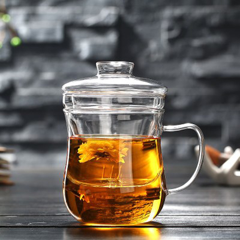 Factory wholesale household glass cups, heat-resistant flower tea cups, three-piece sets, office tea brewing belts, handles, filter cups, LOGO Specification image