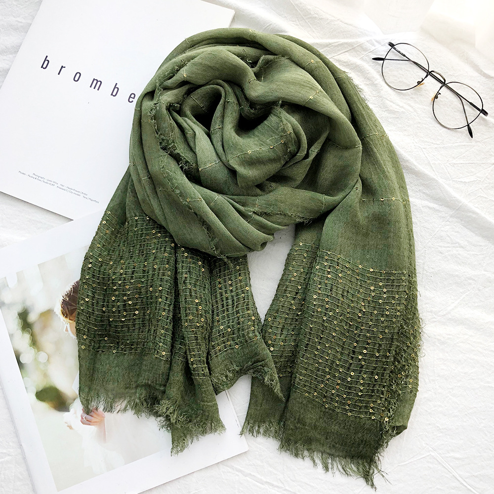 Cross-Border Scarf Spring Foreign Trade Cotton Scarf Female Solid Color Dirty Dyed Sequin Muslim Scarf Rectangular Gauze Scarf Specification drawing