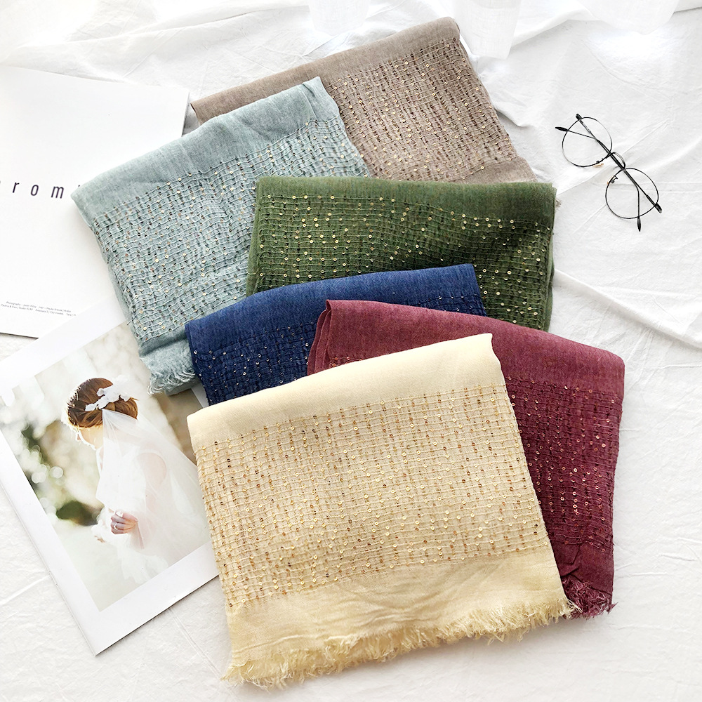 Cross-Border Scarf Spring Foreign Trade Cotton Scarf Female Solid Color Dirty Dyed Sequin Muslim Scarf Rectangular Gauze Scarf