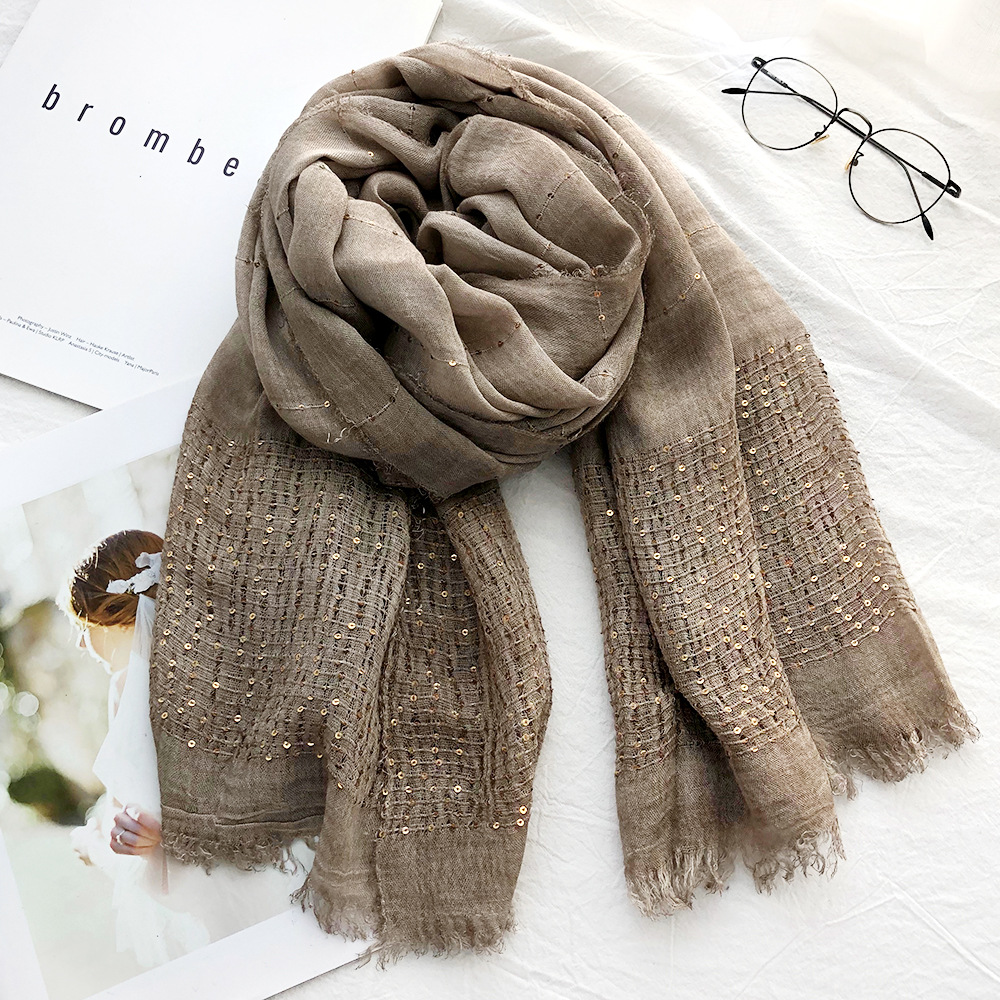 Cross-Border Scarf Spring Foreign Trade Cotton Scarf Female Solid Color Dirty Dyed Sequin Muslim Scarf Rectangular Gauze Scarf details Picture