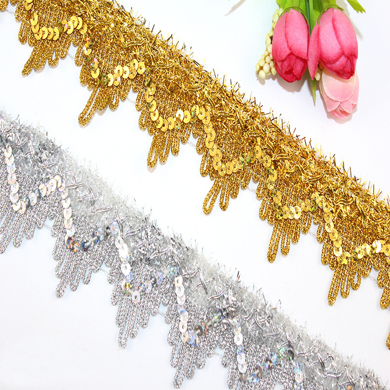 Manufacturers Batch Rich Art Filigree Lace Clothing Accessories Stage Tablecloth Gold Lace Curtain Sequin Lace details Picture