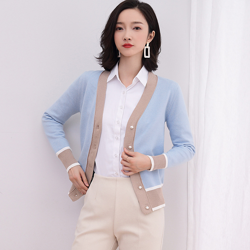 撞色针织开衫女短款2024春秋季新款韩版显瘦长袖毛针织衫