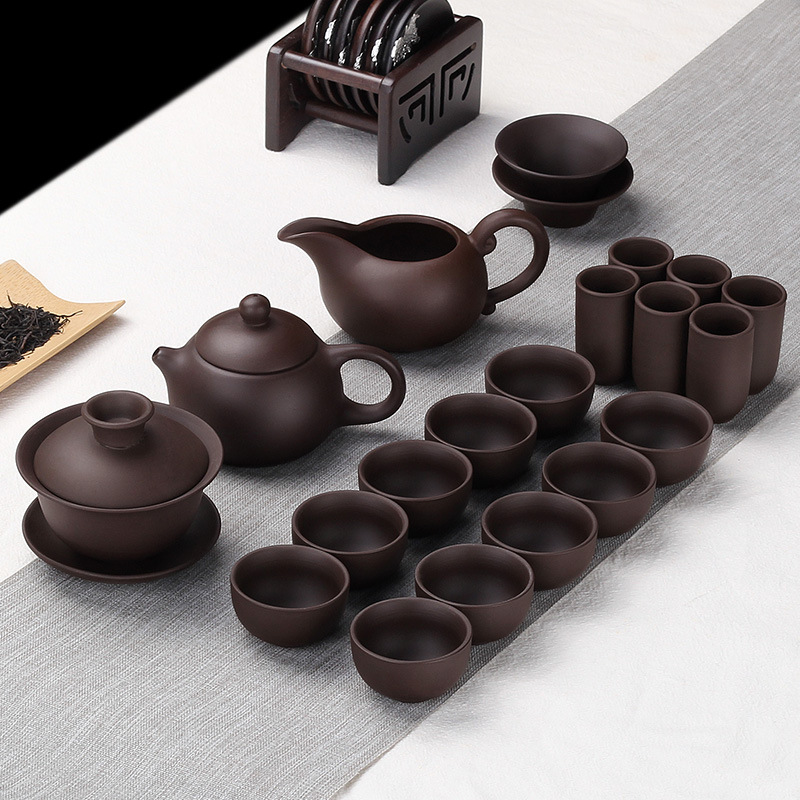 Factory wholesale of small sets of purple clay Gongfu tea sets, including teapots, tea cups, covered bowls, accessories, gift tea sets, and customizable logos details Picture