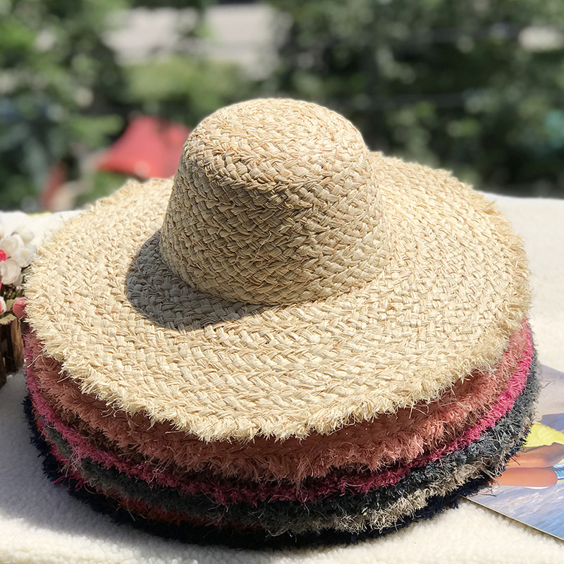Wholesale Natural Raffia Hat Sun Block Big Eave Hat Beach Hat Diy Big Edge Color Dome Hat