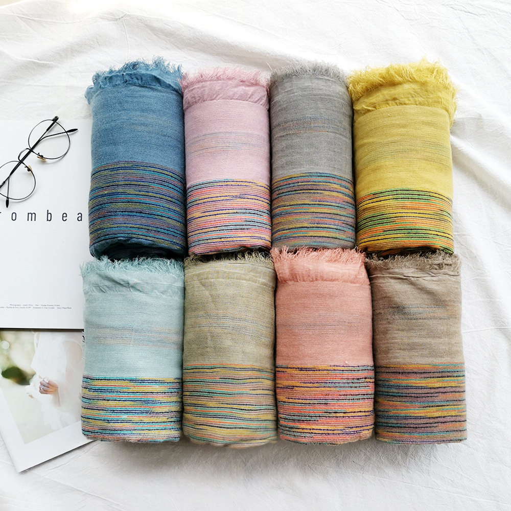 Cotton And Hemp Scarf Autumn And Winter New Pure Color Striped Fold Herringbone Stain Splicing Long Couple Shawls