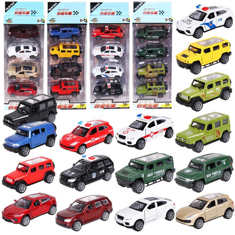 Children's alloy rebound car simulation double-door metal car, off-road vehicle, police car, military toy car set