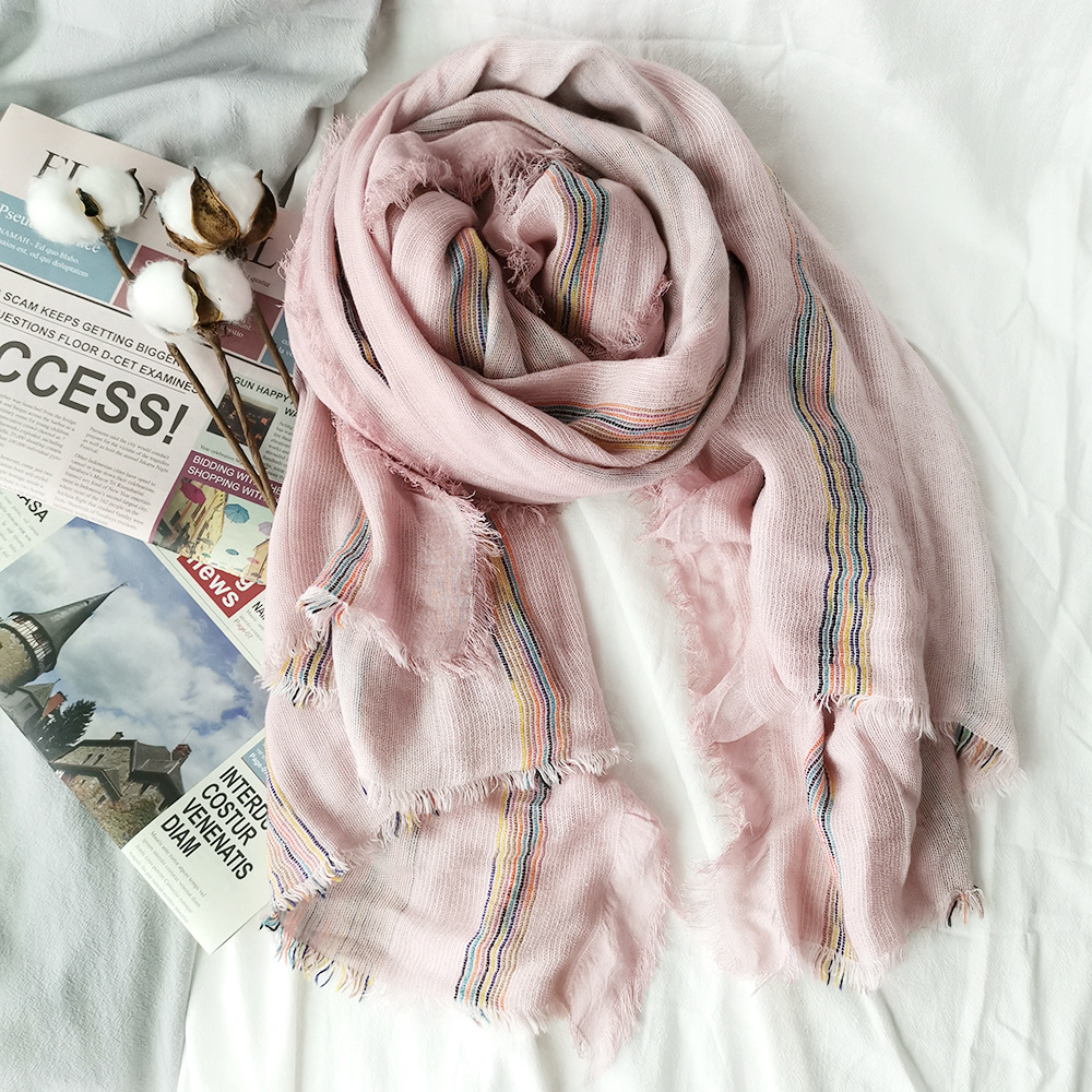 Cotton And Hemp Scarf Autumn And Winter New Pure Color Striped Fold Herringbone Stain Splicing Long Couple Shawls details Picture