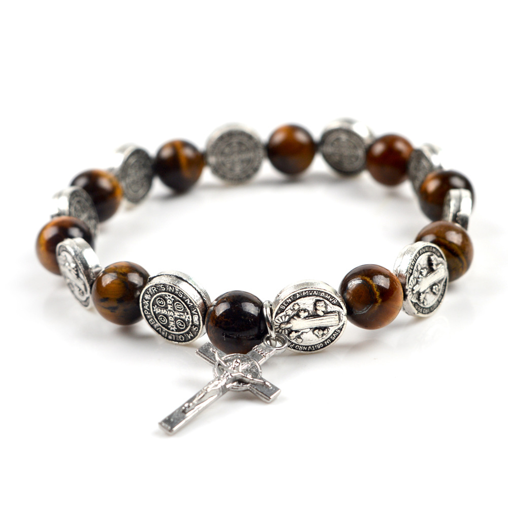 European And American Foreign Trade Hot Tiger Eye Stone Natural Stone Beads St. Benedict Rosary Bracelet Cross Bracelet Couple Jewelry