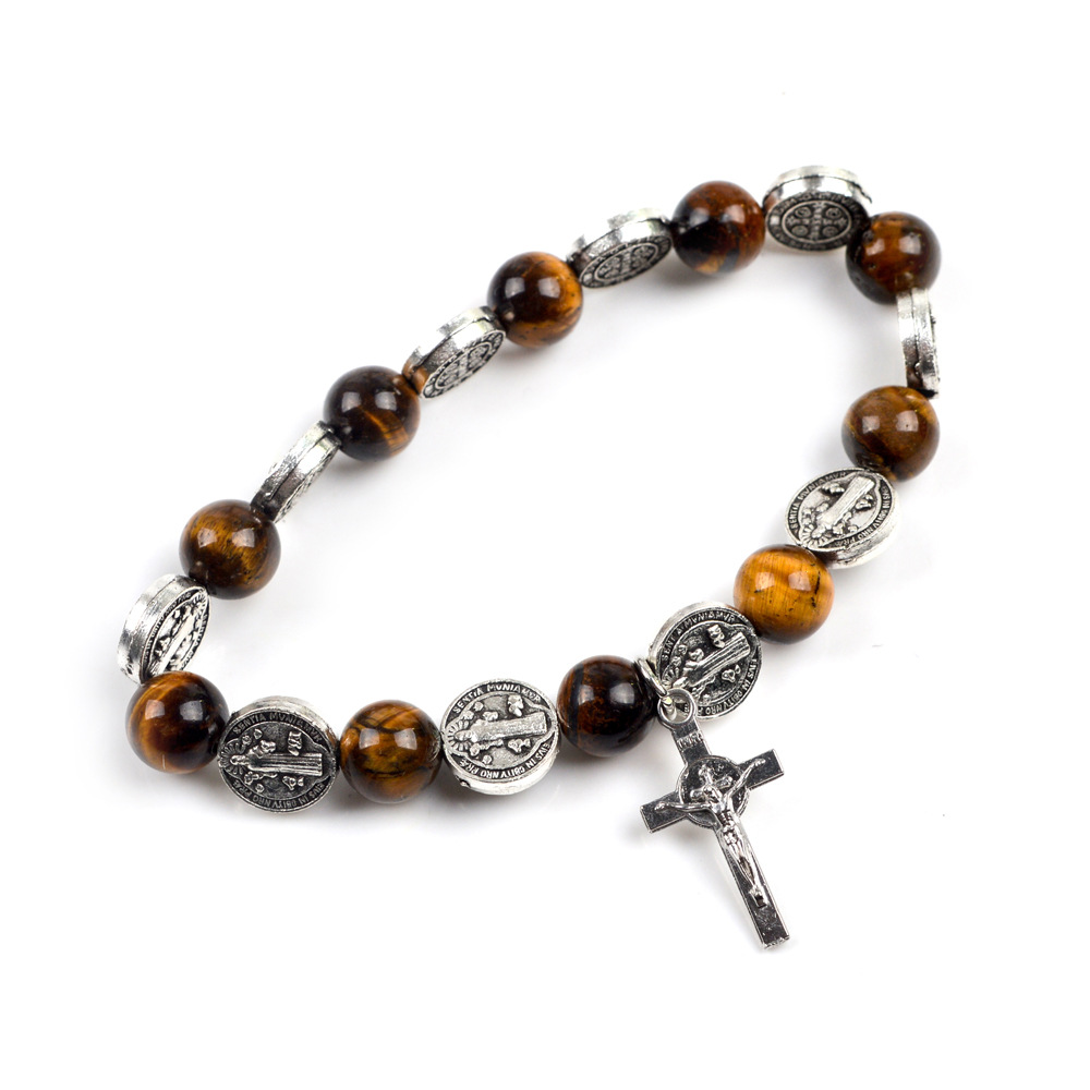 European And American Foreign Trade Hot Tiger Eye Stone Natural Stone Beads St. Benedict Rosary Bracelet Cross Bracelet Couple Jewelry Application Scenario