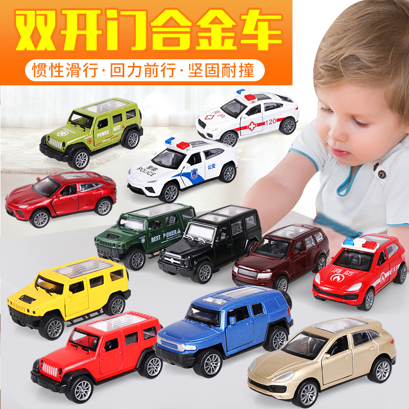 Children's alloy rebound car simulation double-door metal car, off-road vehicle, police car, military toy car set Specification image