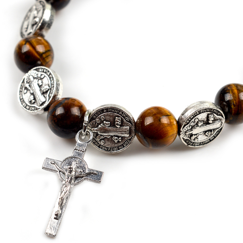 European And American Foreign Trade Hot Tiger Eye Stone Natural Stone Beads St. Benedict Rosary Bracelet Cross Bracelet Couple Jewelry Item Picture