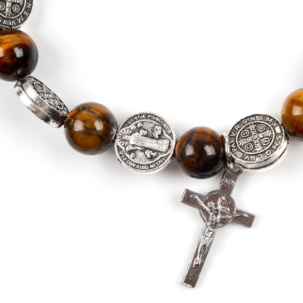 European And American Foreign Trade Hot Tiger Eye Stone Natural Stone Beads St. Benedict Rosary Bracelet Cross Bracelet Couple Jewelry Specification drawing