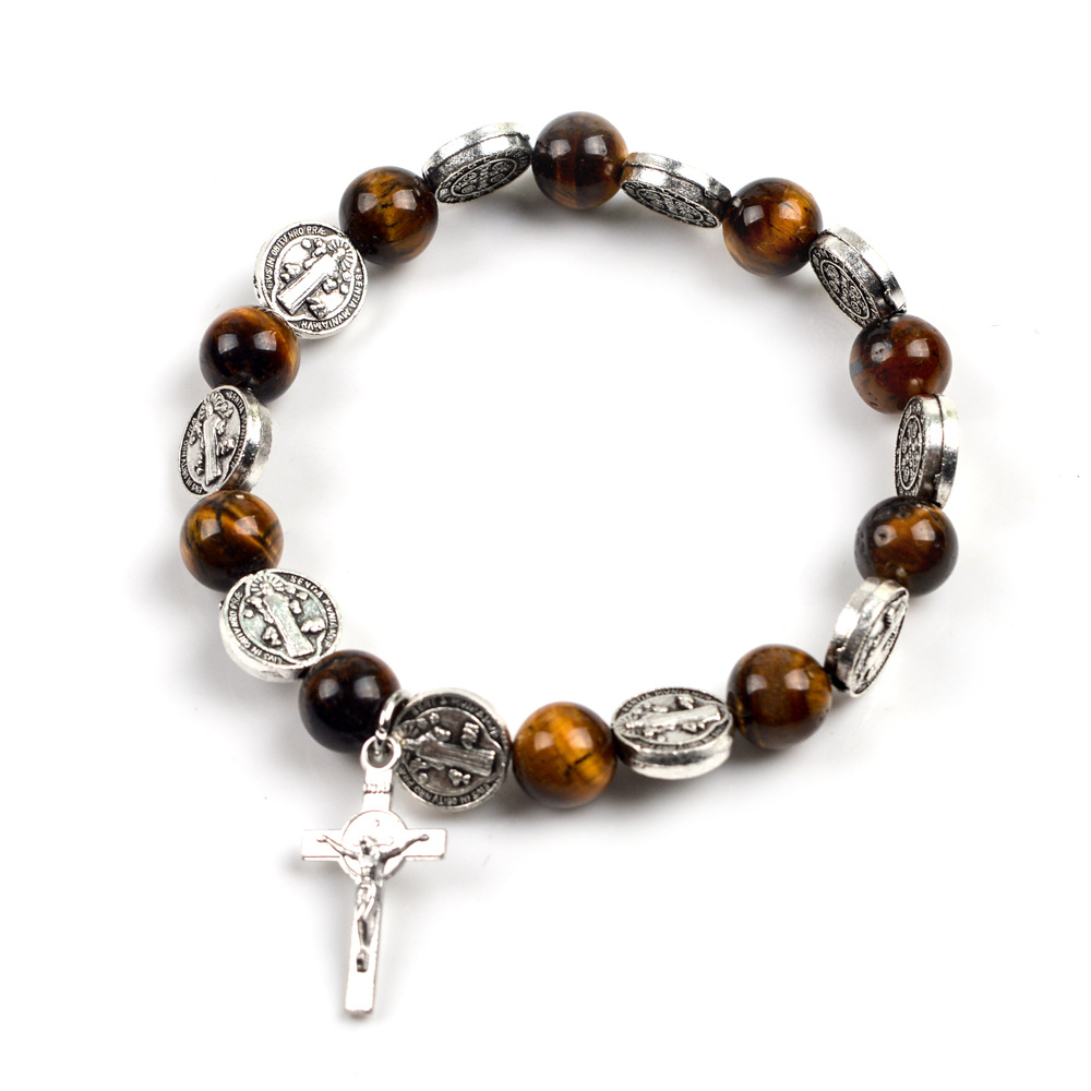 European And American Foreign Trade Hot Tiger Eye Stone Natural Stone Beads St. Benedict Rosary Bracelet Cross Bracelet Couple Jewelry details Picture