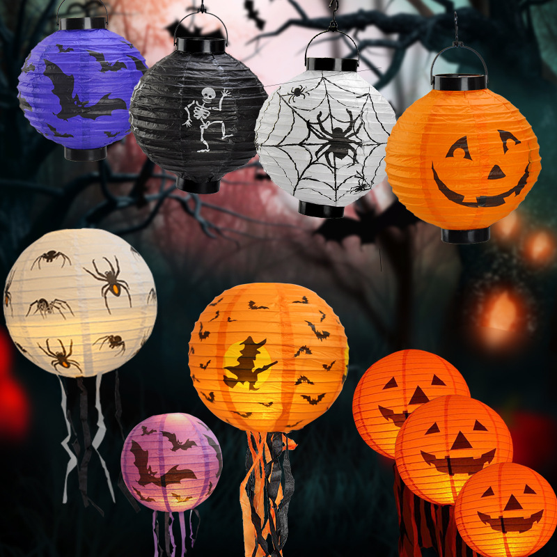 Halloween pumpkin paper lanterns decorate the haunted house scene supplies and props for the Ghost Festival. Pumpkin paper lanterns with whiskers
