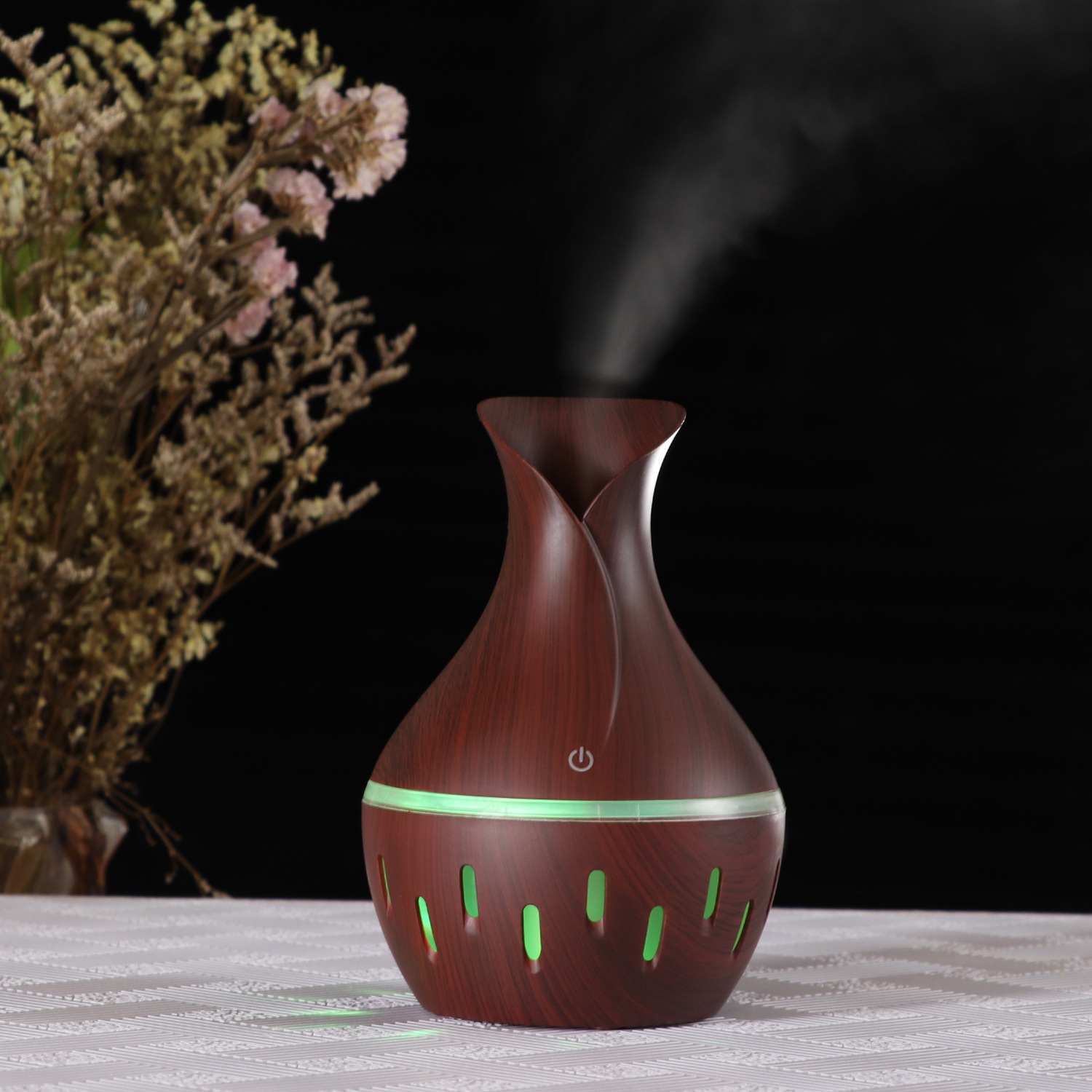Wholesale Hollow Mini Humidifier 300Ml Wood Grain Diffuser Diffuser Seven Color Ultrasonic Humidifier Specification drawing